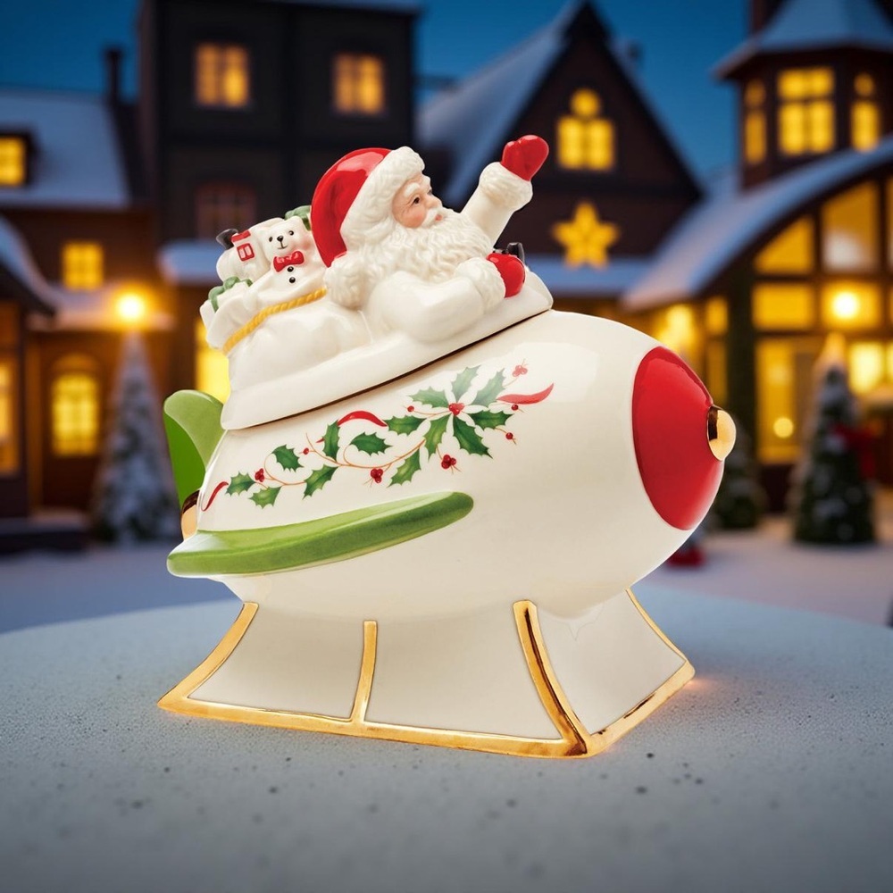 Lenox Holiday Figural Santa's Rocket Covered Candy Dish